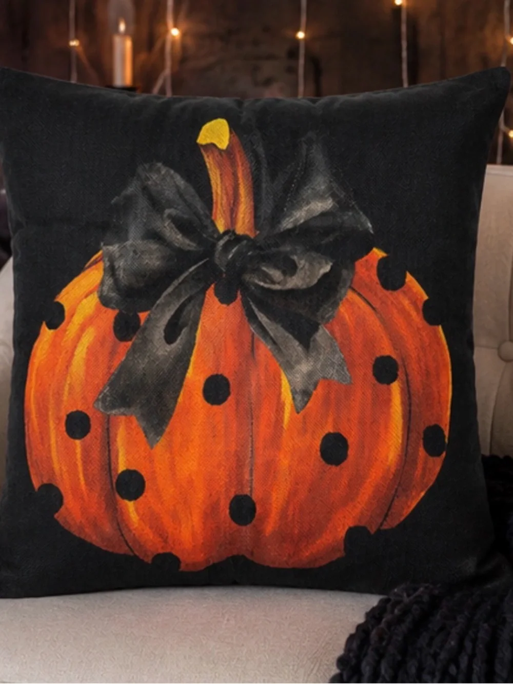 Halloween Pillow COVER orange with black polka dot pumpkin with bow